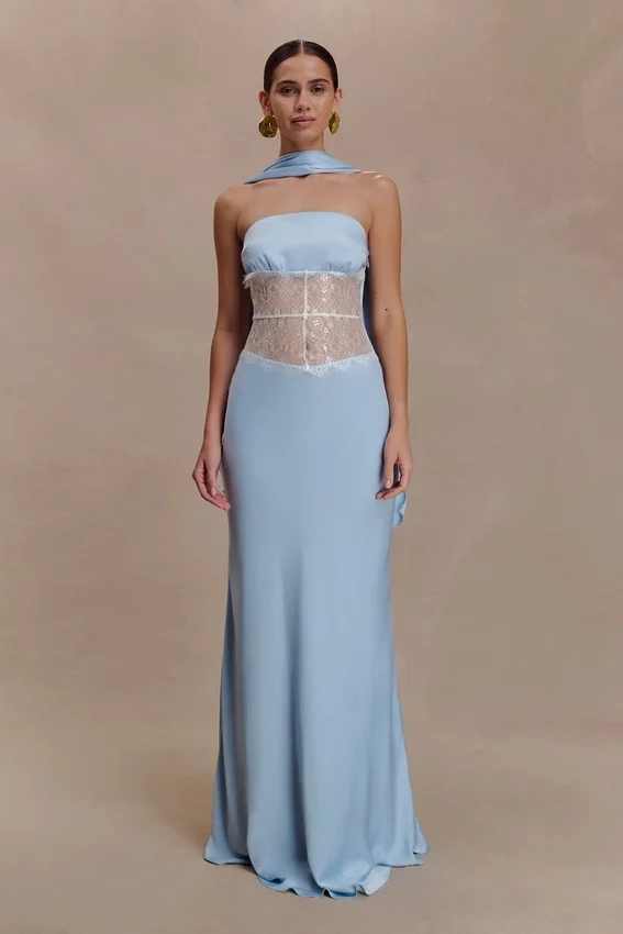 Pilar Strapless Satin And Lace Maxi Dress – Cornflower Blue Pilar Strapless Satin And Lace Maxi Dress – Cornflower Blue