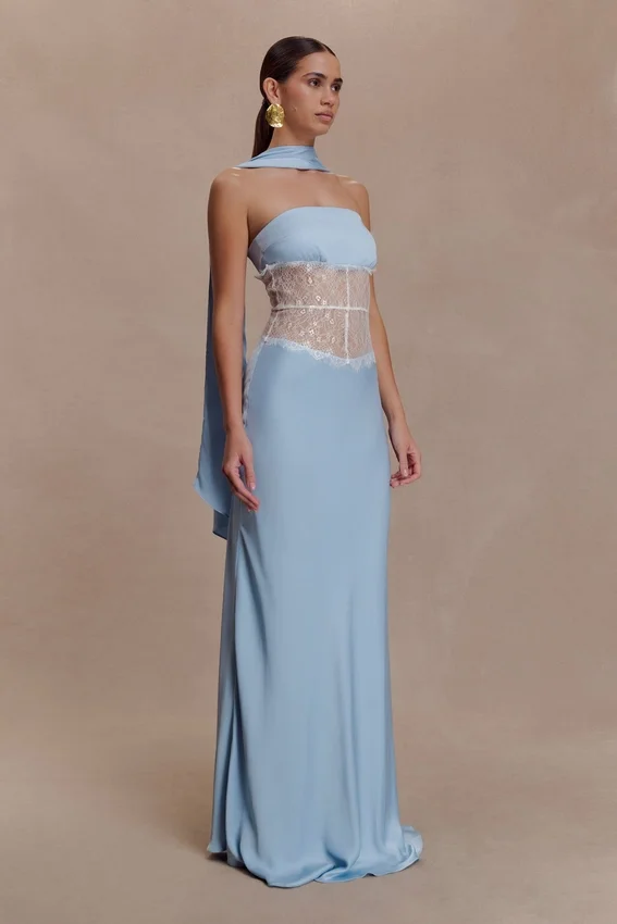Pilar Strapless Satin And Lace Maxi Dress – Cornflower Blue Pilar Strapless Satin And Lace Maxi Dress – Cornflower Blue