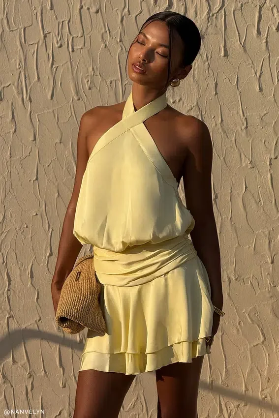 Poppy Satin Halter Mini Dress – Lemon Poppy Satin Halter Mini Dress – Lemon