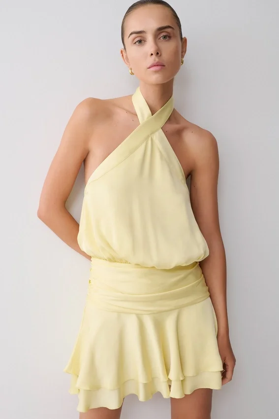 Poppy Satin Halter Mini Dress – Lemon Poppy Satin Halter Mini Dress – Lemon