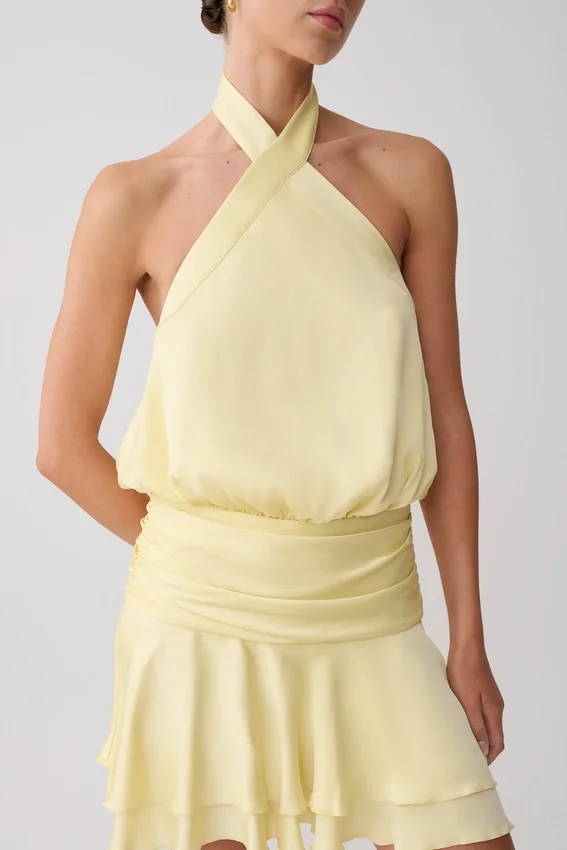 Poppy Satin Halter Mini Dress – Lemon Poppy Satin Halter Mini Dress – Lemon