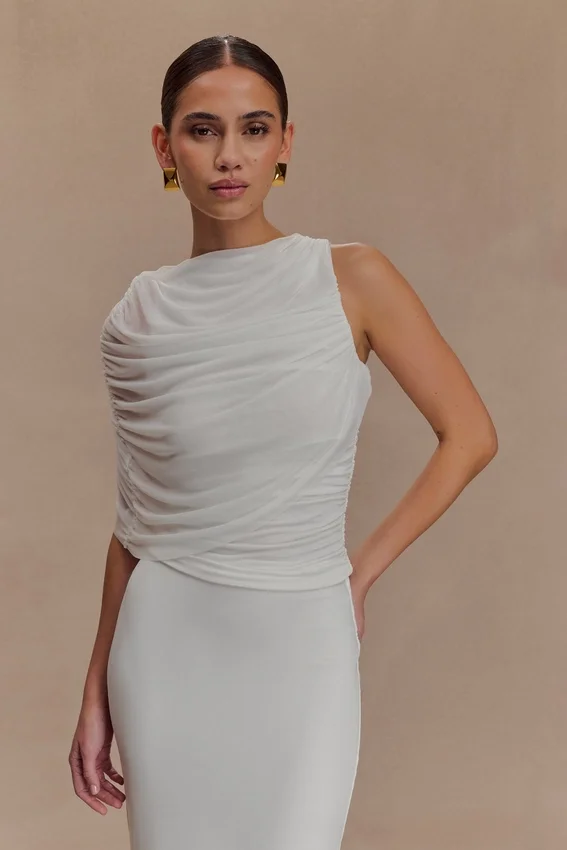 Pruedance Slinky Draped Top With Mesh Overlay – White Pruedance Slinky Draped Top With Mesh Overlay – White