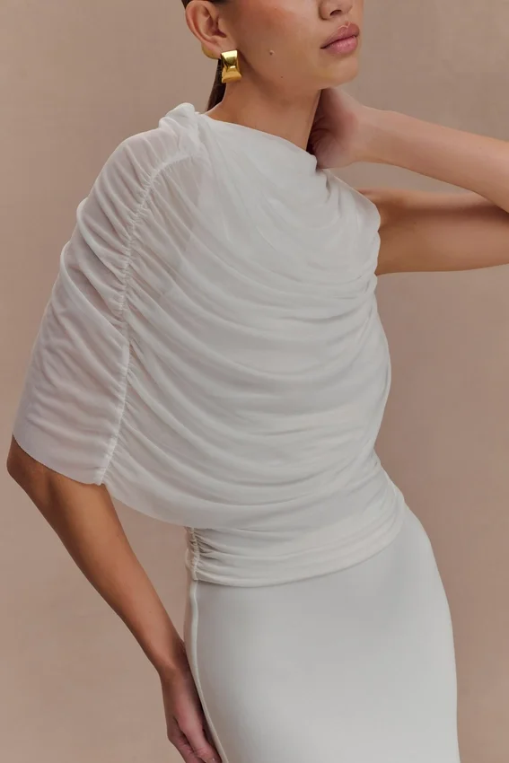 Pruedance Slinky Draped Top With Mesh Overlay – White Pruedance Slinky Draped Top With Mesh Overlay – White