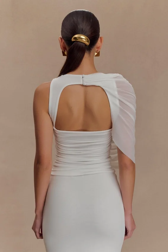 Pruedance Slinky Draped Top With Mesh Overlay – White Pruedance Slinky Draped Top With Mesh Overlay – White