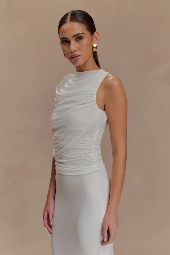 Pruedance Slinky Draped Top With Mesh Overlay – White Pruedance Slinky Draped Top With Mesh Overlay – White