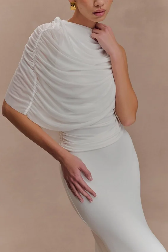 Pruedance Slinky Draped Top With Mesh Overlay – White Pruedance Slinky Draped Top With Mesh Overlay – White
