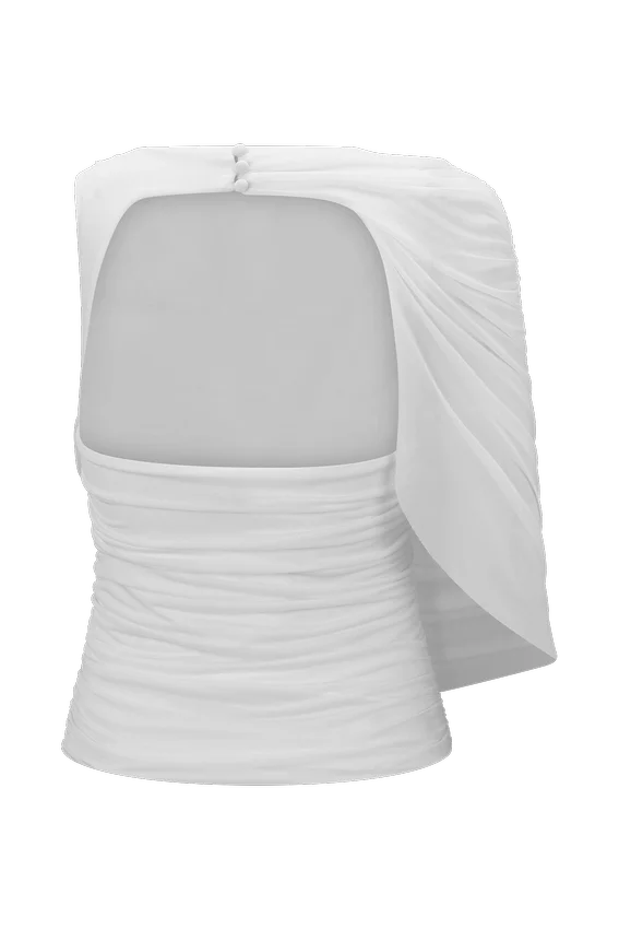Pruedance Slinky Draped Top With Mesh Overlay – White Pruedance Slinky Draped Top With Mesh Overlay – White