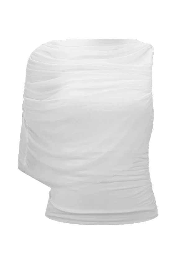 Pruedance Slinky Draped Top With Mesh Overlay – White Pruedance Slinky Draped Top With Mesh Overlay – White