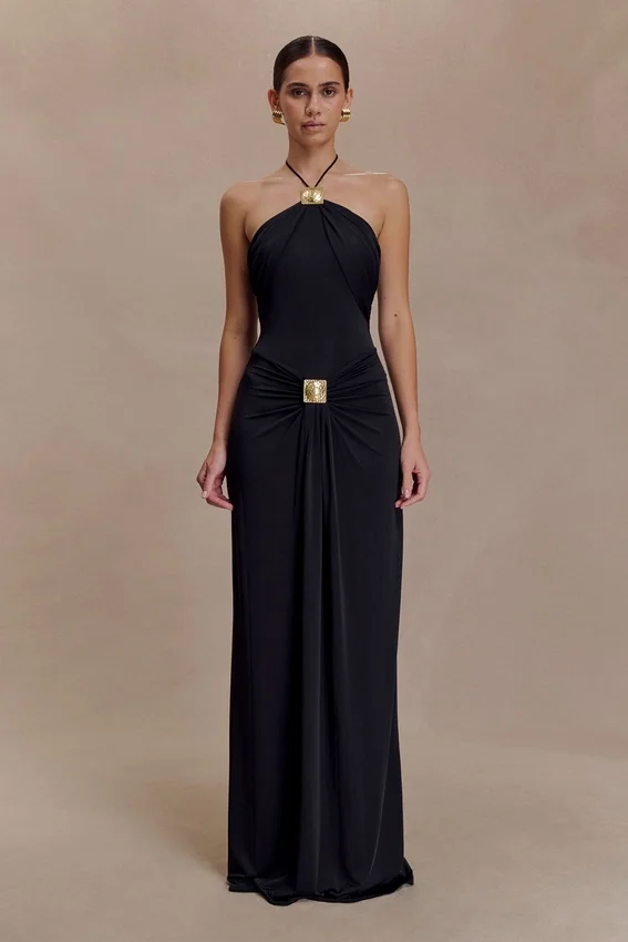 Quincy Halter Maxi Dress With Hardware – Black Quincy Halter Maxi Dress With Hardware – Black
