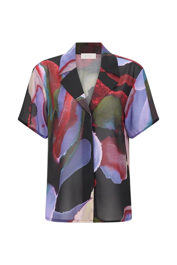 Rachel Chiffon Short Sleeve Shirt – Multi Fluid Reverie Print Rachel Chiffon Short Sleeve Shirt – Multi Fluid Reverie Print