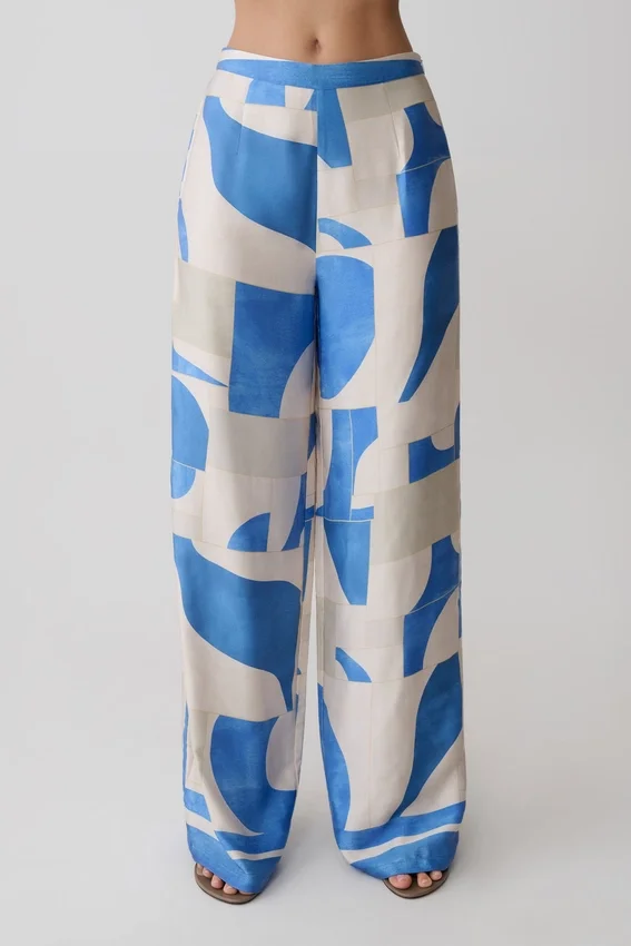 Rachel Satin Straight Leg Pants – Blue Geo Tile Print Rachel Satin Straight Leg Pants – Blue Geo Tile Print