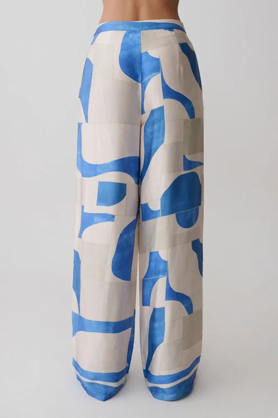 Rachel Satin Straight Leg Pants – Blue Geo Tile Print Rachel Satin Straight Leg Pants – Blue Geo Tile Print