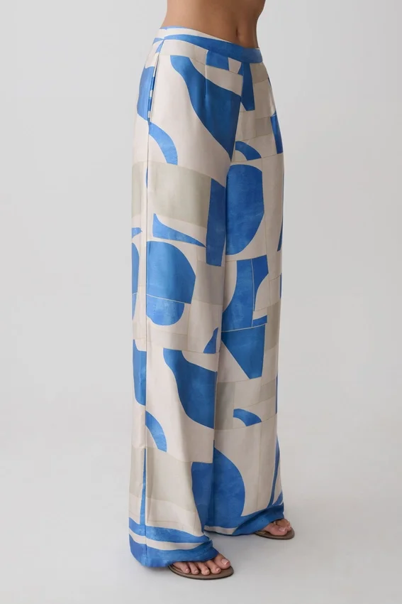 Rachel Satin Straight Leg Pants – Blue Geo Tile Print Rachel Satin Straight Leg Pants – Blue Geo Tile Print