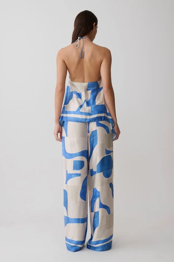 Rachel Satin Straight Leg Pants – Blue Geo Tile Print Rachel Satin Straight Leg Pants – Blue Geo Tile Print