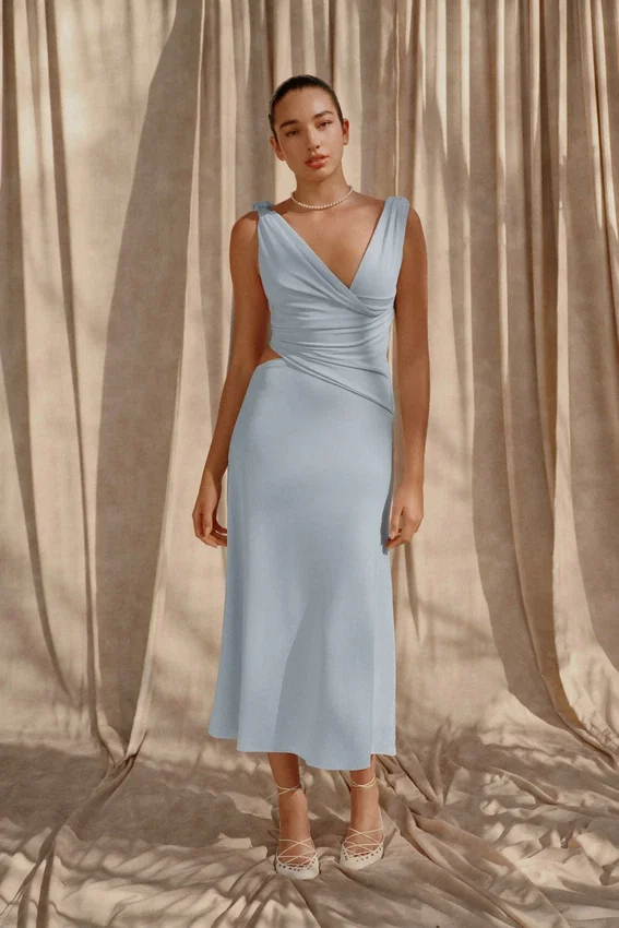 Raleigh Asymmetrical Slinky Midi Dress – Pale Blue Raleigh Asymmetrical Slinky Midi Dress – Pale Blue