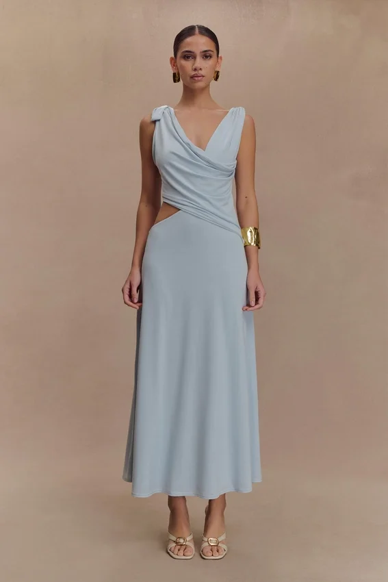 Raleigh Asymmetrical Slinky Midi Dress – Pale Blue Raleigh Asymmetrical Slinky Midi Dress – Pale Blue