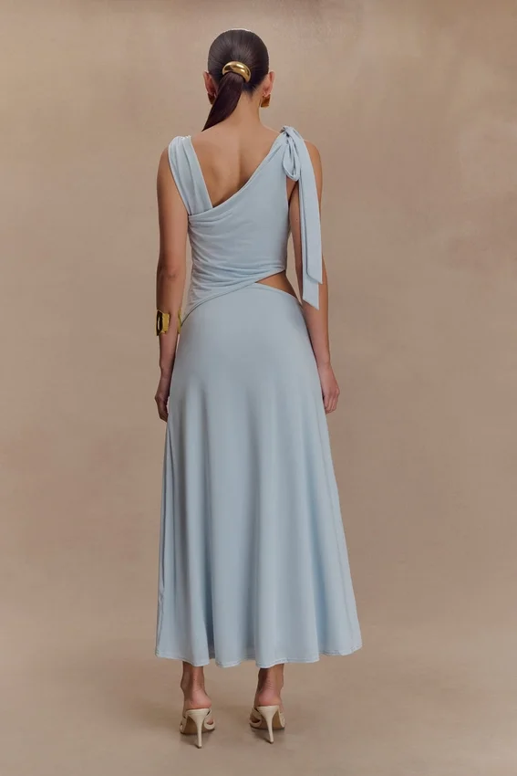 Raleigh Asymmetrical Slinky Midi Dress – Pale Blue Raleigh Asymmetrical Slinky Midi Dress – Pale Blue