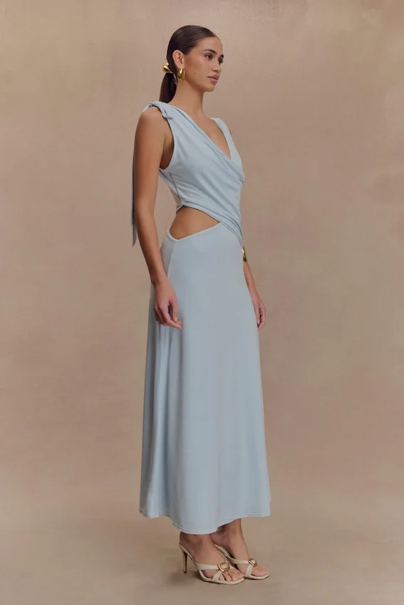 Raleigh Asymmetrical Slinky Midi Dress – Pale Blue Raleigh Asymmetrical Slinky Midi Dress – Pale Blue