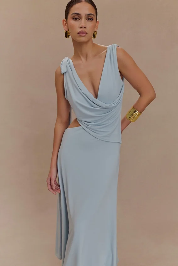 Raleigh Asymmetrical Slinky Midi Dress – Pale Blue Raleigh Asymmetrical Slinky Midi Dress – Pale Blue