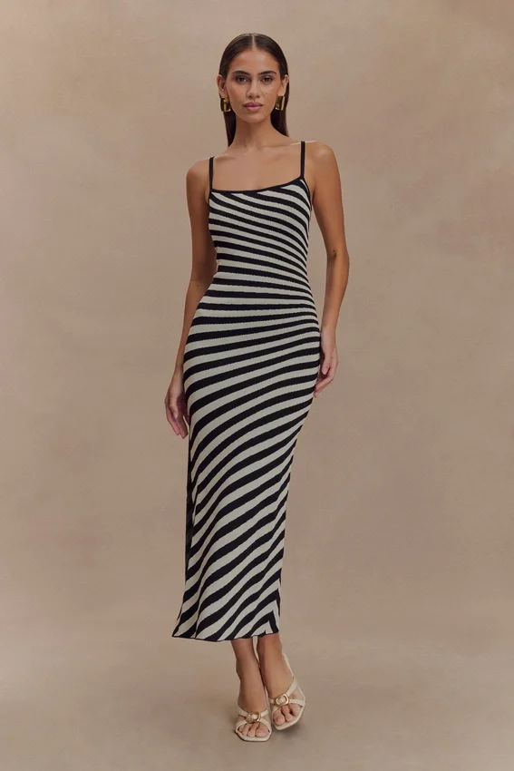 Raven Striped Knit Midi Dress – Black/White Raven Striped Knit Midi Dress – Black/White