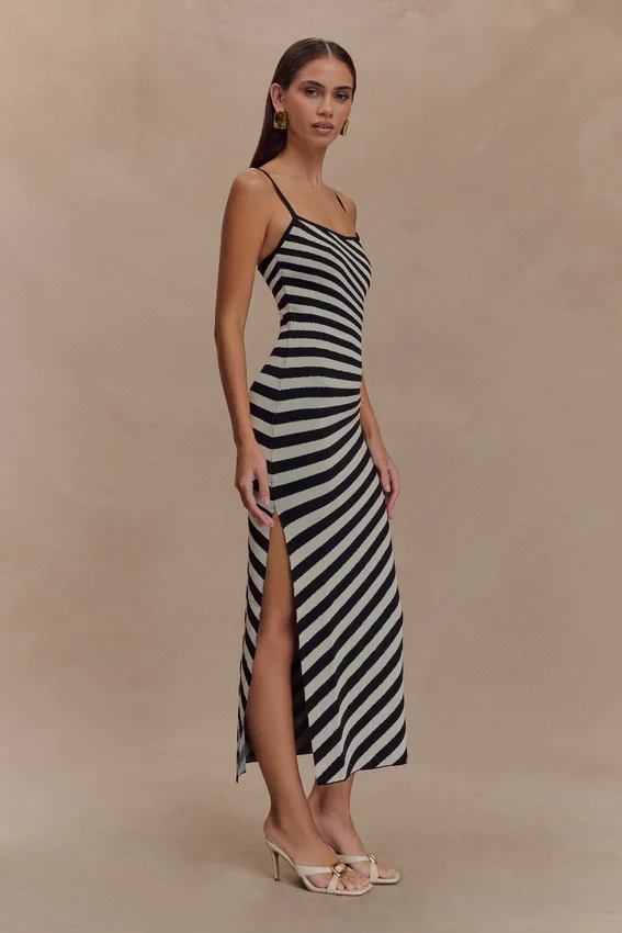 Raven Striped Knit Midi Dress – Black/White Raven Striped Knit Midi Dress – Black/White