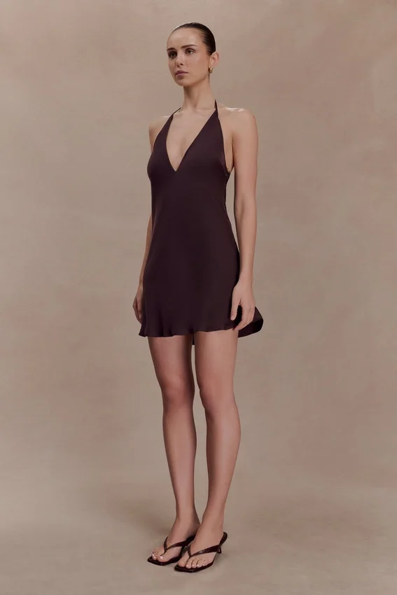 Regina Halter Lace And Satin Mini Dress – Chocolate Regina Halter Lace And Satin Mini Dress – Chocolate
