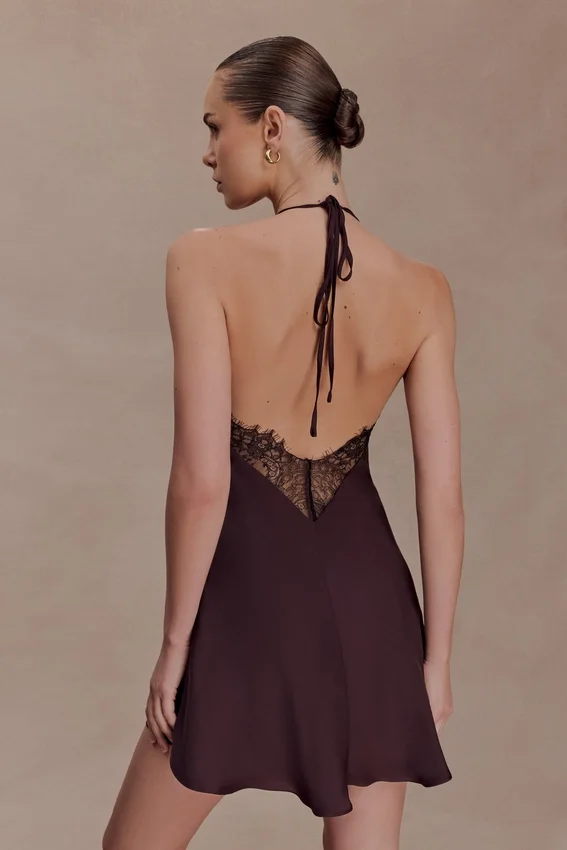 Regina Halter Lace And Satin Mini Dress – Chocolate Regina Halter Lace And Satin Mini Dress – Chocolate
