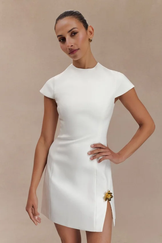 Remi Suiting Mini Dress With Floral Hardware – White Remi Suiting Mini Dress With Floral Hardware – White