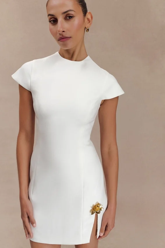 Remi Suiting Mini Dress With Floral Hardware – White Remi Suiting Mini Dress With Floral Hardware – White