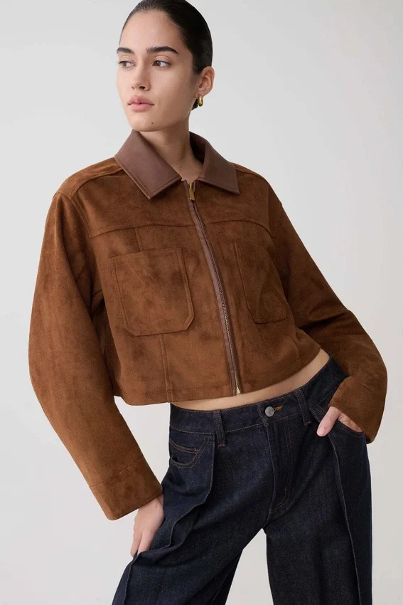 Remy Faux Suede & Leather Collared Jacket – Tan Remy Faux Suede & Leather Collared Jacket – Tan