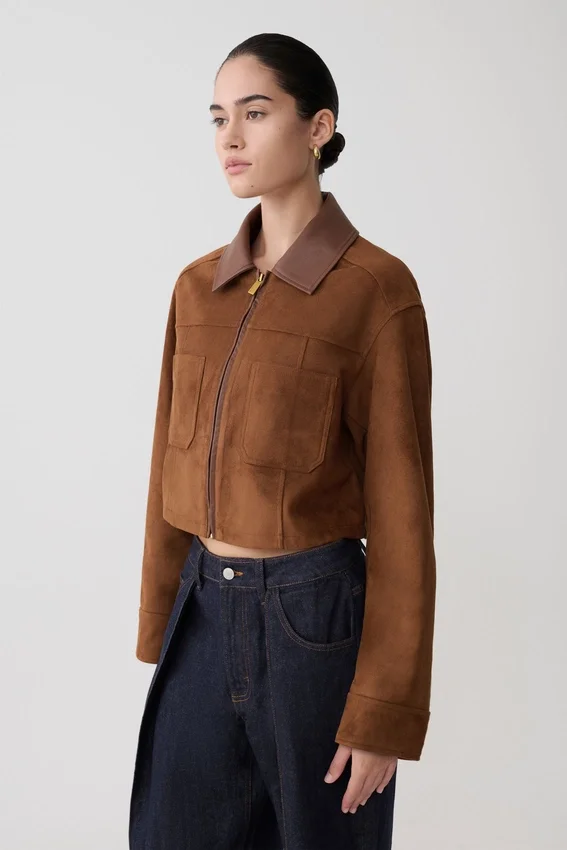 Remy Faux Suede & Leather Collared Jacket – Tan Remy Faux Suede & Leather Collared Jacket – Tan