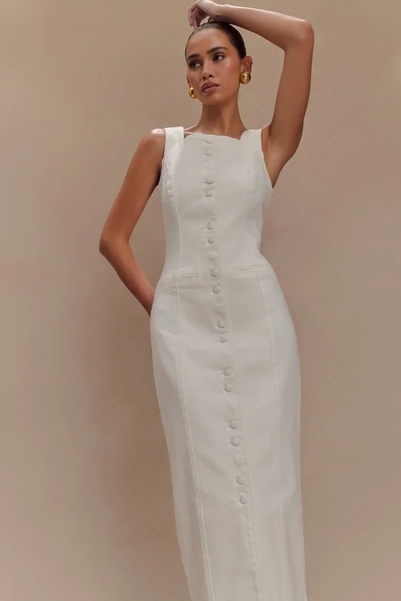 Reyna Denim Midi Dress – White Reyna Denim Midi Dress – White