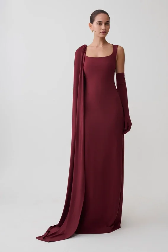 Rhea Detachable Cape Jersey Maxi Dress – Wine Rhea Detachable Cape Jersey Maxi Dress – Wine