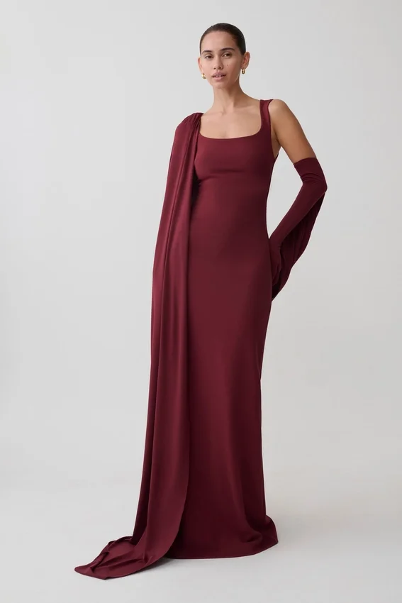 Rhea Detachable Cape Jersey Maxi Dress – Wine Rhea Detachable Cape Jersey Maxi Dress – Wine