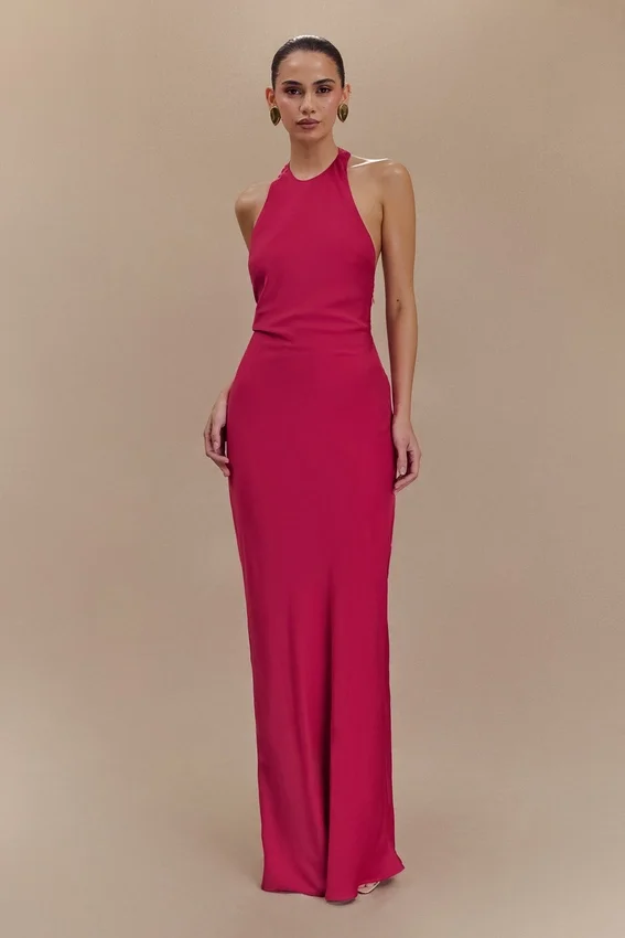 Rinna Satin Halter Maxi Dress – Pink Cherry Rinna Satin Halter Maxi Dress – Pink Cherry