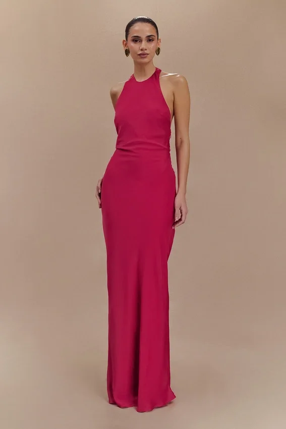 Rinna Satin Halter Maxi Dress – Pink Cherry Rinna Satin Halter Maxi Dress – Pink Cherry