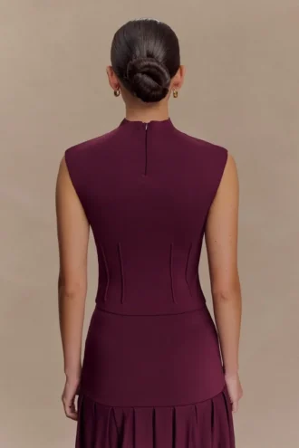 Romaine High Neck Bandage Knit Top – Wine