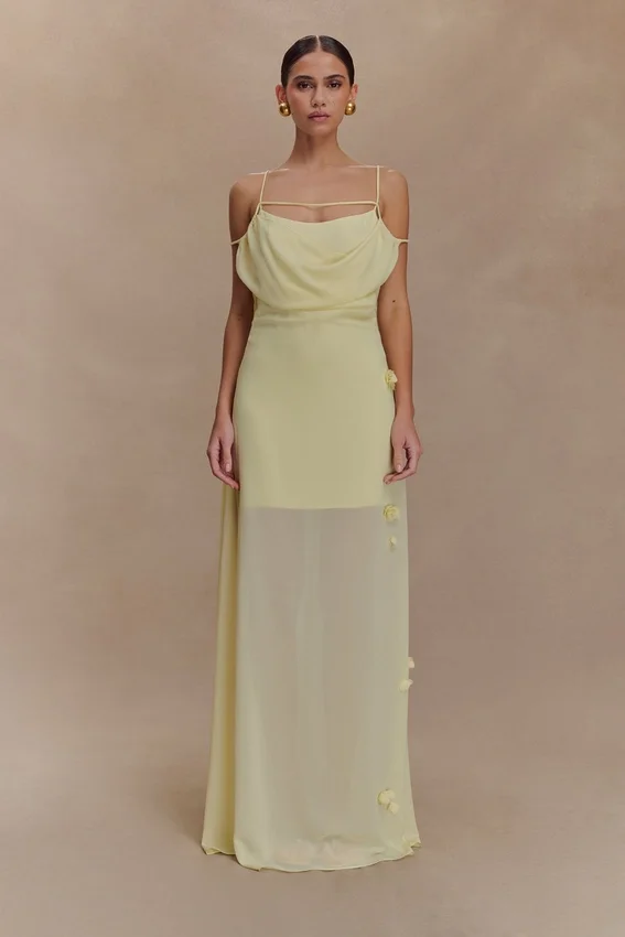 Rosalie Floral Chiffon Maxi Dress – Pastel Lemon Rosalie Floral Chiffon Maxi Dress – Pastel Lemon