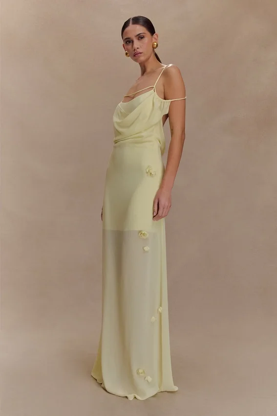 Rosalie Floral Chiffon Maxi Dress – Pastel Lemon Rosalie Floral Chiffon Maxi Dress – Pastel Lemon