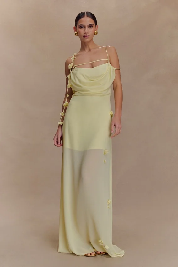 Rosalie Floral Chiffon Maxi Dress – Pastel Lemon Rosalie Floral Chiffon Maxi Dress – Pastel Lemon