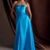 Rosella Satin Strapless Maxi Dress – Cyan Blue Rosella Satin Strapless Maxi Dress – Cyan Blue