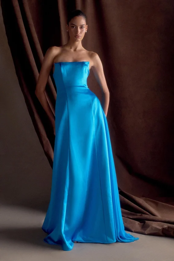 Rosella Satin Strapless Maxi Dress – Cyan Blue Rosella Satin Strapless Maxi Dress – Cyan Blue