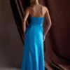 Rosella Satin Strapless Maxi Dress – Cyan Blue Rosella Satin Strapless Maxi Dress – Cyan Blue