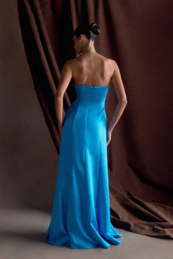 Rosella Satin Strapless Maxi Dress – Cyan Blue Rosella Satin Strapless Maxi Dress – Cyan Blue