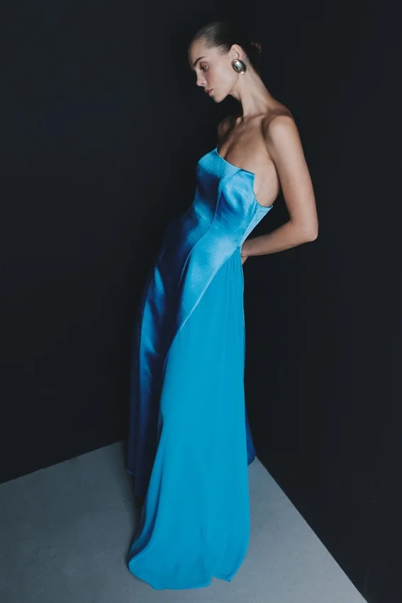 Rosella Satin Strapless Maxi Dress – Cyan Blue Rosella Satin Strapless Maxi Dress – Cyan Blue