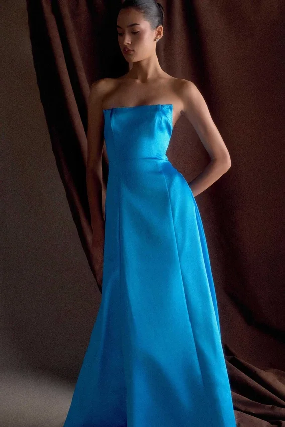Rosella Satin Strapless Maxi Dress – Cyan Blue Rosella Satin Strapless Maxi Dress – Cyan Blue