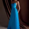 Rosella Satin Strapless Maxi Dress – Cyan Blue Rosella Satin Strapless Maxi Dress – Cyan Blue