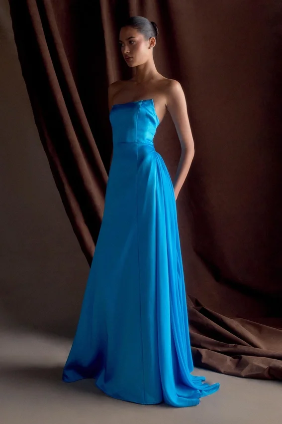 Rosella Satin Strapless Maxi Dress – Cyan Blue Rosella Satin Strapless Maxi Dress – Cyan Blue