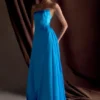 Rosella Satin Strapless Maxi Dress – Cyan Blue Rosella Satin Strapless Maxi Dress – Cyan Blue