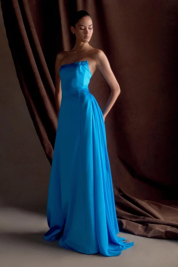 Rosella Satin Strapless Maxi Dress – Cyan Blue Rosella Satin Strapless Maxi Dress – Cyan Blue